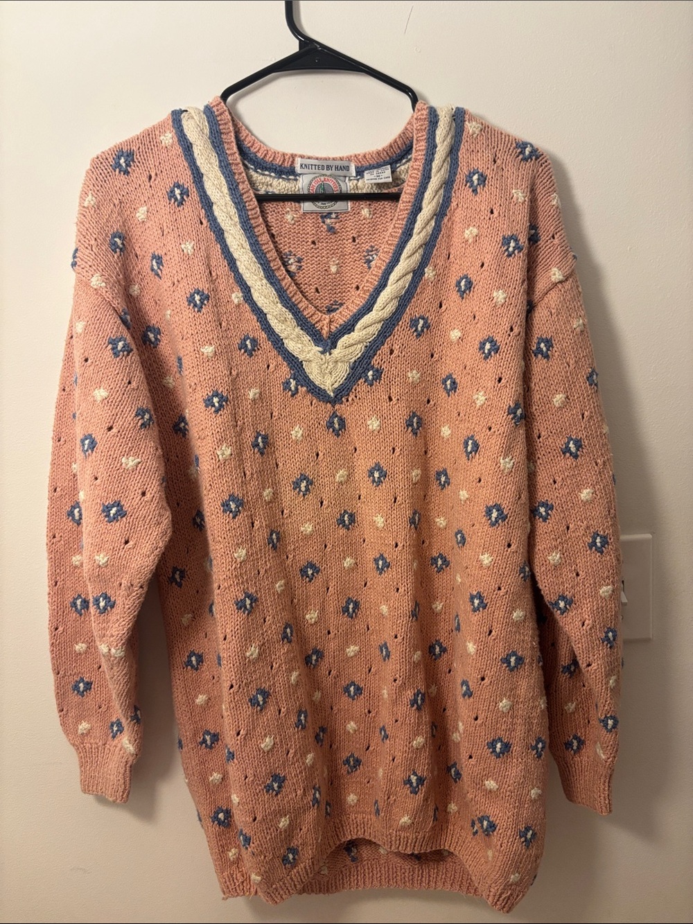 Knitted By Hand Peach V-Neck Floral Dot Sweater with Braided Trim